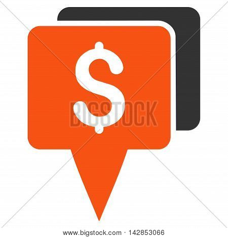Bank Map Pointers icon. Glyph style is bicolor flat iconic symbol with rounded angles, orange and gray colors, white background.