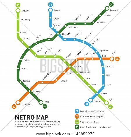 Metro, subway map vector template. Urban underground transportation scheme illustration