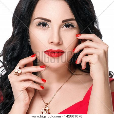 Close Up Portrait Of Attractive Brunette Girl With Red Lips And Red Nails. Isolated On White Backgro