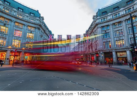 Traffic At Oxford Circus In London, Uk, At Dusk