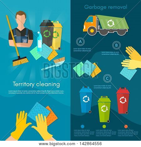 Garbage truck dumpster and workers banner sorting waste for recycling separation of waste on garbage bins vector