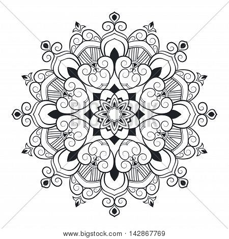 Ethnic decorative element hand drawn vector mandala black and white, for coloring page. Orienta motifs.