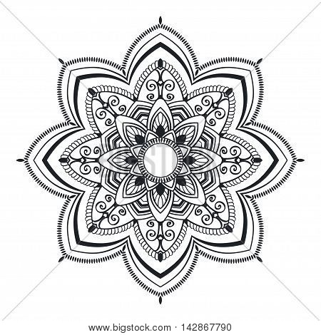 Ethnic decorative element hand drawn vector mandala black and white, for coloring page. Orienta motifs.