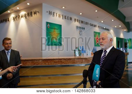 ST. PETERSBURG, RUSSIA - AUGUST 11, 2016: Vice-governor of St. Petersburg Igor Divinsky talks with press during his working visit to the Heineken brewery. It can produce 5 millions HL of beer per year