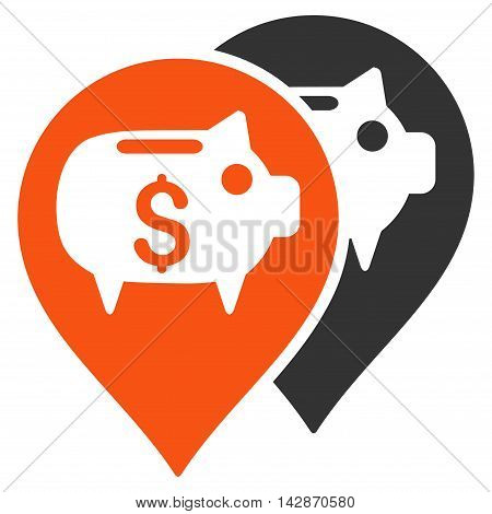 Bank Map Pointers icon. Vector style is bicolor flat iconic symbol with rounded angles, orange and gray colors, white background.