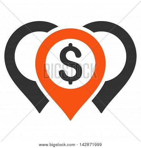 Dollar Map Pointers icon. Vector style is bicolor flat iconic symbol with rounded angles, orange and gray colors, white background.