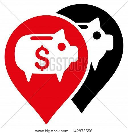 Bank Map Pointers icon. Vector style is bicolor flat iconic symbol with rounded angles, intensive red and black colors, white background.