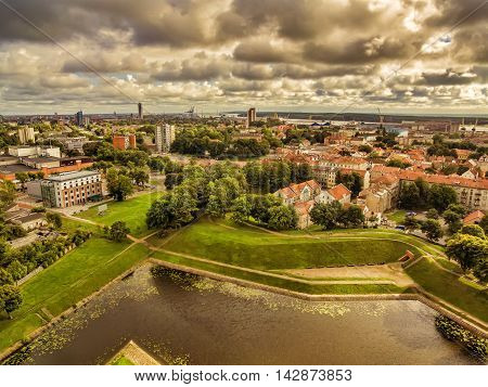 Klaipeda, Lithuania: representative aerial view of Old Town in the summer