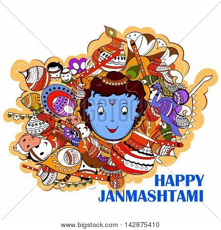 easy to edit vector illustration of Happy Krishna Janmashtami doodle background
