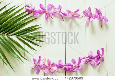Palm Leaf And Orchid Flowers Arranged With White Wood Background - Summer Concept,copy Space