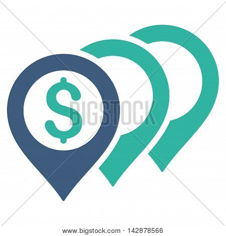 Dollar Map Pointers icon. Vector style is bicolor flat iconic symbol with rounded angles, cobalt and cyan colors, white background.