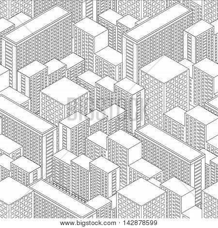 Big Town in isometric view. Seamless pattern with houses. Building in Linear style. Black and white background. Modern city skyline. Vector illustration.