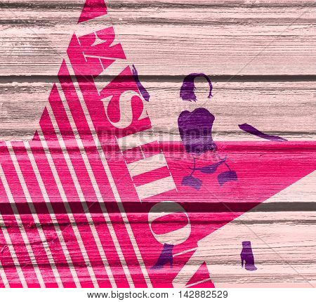 Sexy woman silhouette, underwear fashion. Woman underwear. Fashion text. Retro style. Wood texture