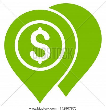 Bank Map Pointers icon. Vector style is flat iconic symbol with rounded angles, eco green color, white background.