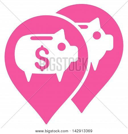 Bank Map Pointers icon. Vector style is flat iconic symbol with rounded angles, pink color, white background.