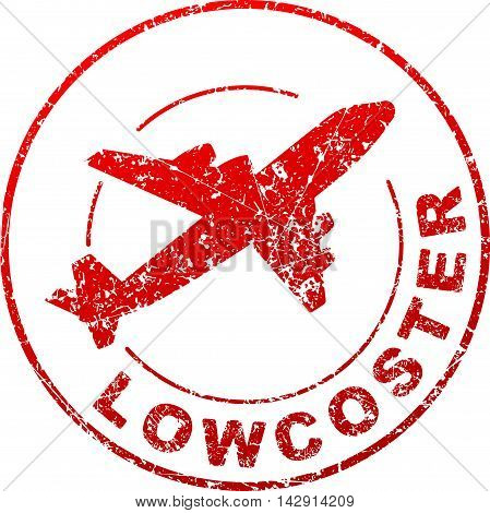 Lowcoster red vector grunge style rubber stamp with silhouette of flying airplane.