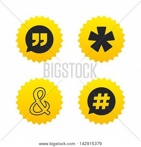Quote, asterisk footnote icons. Hashtag social media and ampersand symbols. Programming logical operator AND sign. Speech bubble. Yellow stars labels with flat icons. Vector