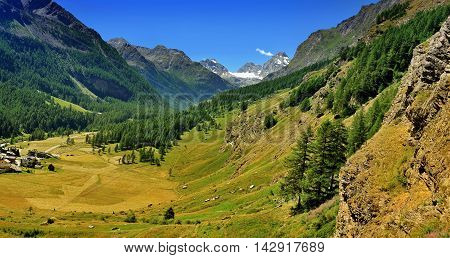 Big panoramic view of Alps valley in Val di Rhemes