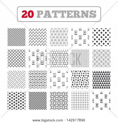Ornament patterns, diagonal stripes and stars. Smartphone icons. Shield protection, repair, software bug signs. Search in phone. Hammer with wrench service symbol. Geometric textures. Vector