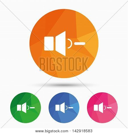 Speaker low volume sign icon. Sound symbol. Triangular low poly button with flat icon. Vector