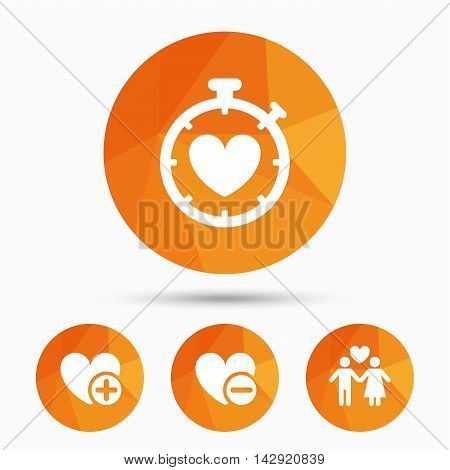 Valentine day love icons. Love heart timer symbol. Couple lovers sign. Add new love relationship. Triangular low poly buttons with shadow. Vector