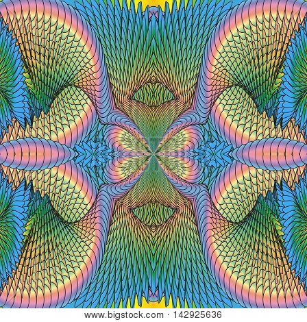 Kaleidoscopic bright rainbow pattern. The image is computer graphics created using various programs. It can be used in the design of your site design textile printing industry in a variety of design projects.