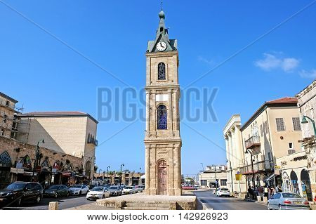 JAFFA ISRAEL - AUGUST 07 2016: Clock Tower in the city of Jaffa built in 1903 in honor of the 25th anniversary of the coronation of Sultan Abdul-Hamid II the ruler of the Ottoman Empire