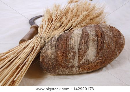 bunch of mown wheat ears with vintage handmade reaper hook sickle and rye dark french fresh bread loaf on white linen tablecloth