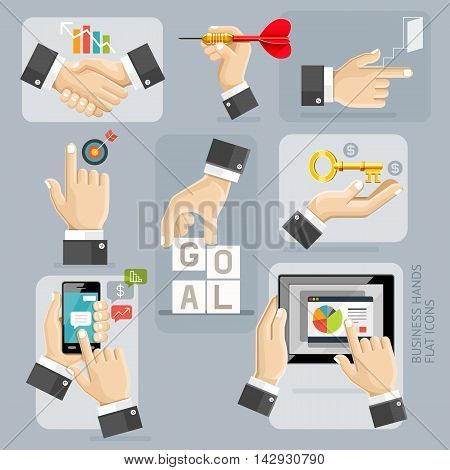 Business Hands Flat Icons Set. Vector Illustration.