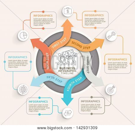 6 Step arrow circle infographics template. Vector illustration. Can be used for workflow layout diagram number options web design and timeline.
