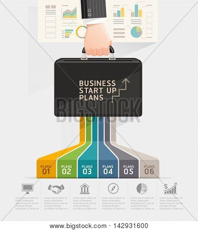 Business start up planning conceptual design. Businessman hand holding briefcase bag. Vector illustration.