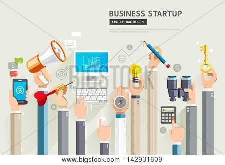 Business start up conceptual design. Set of business hands services. Vector Illustrations.