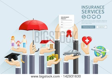 Insurance hands services banner set. Vector Illustrations.