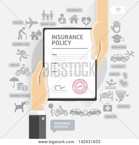 Insurance policy services. Hands give insurance document paper. Vector Illustrations.