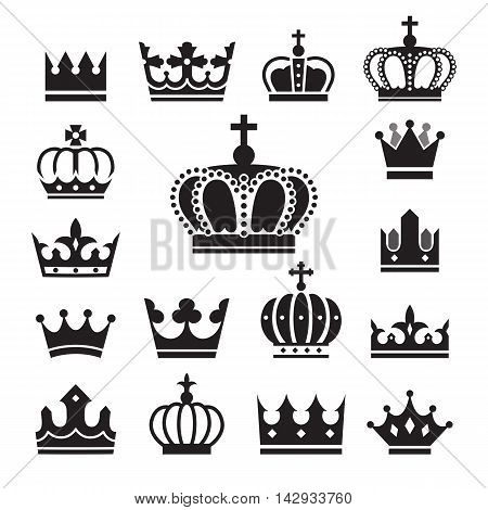 Crown icons black colour set. Vector Illustration.