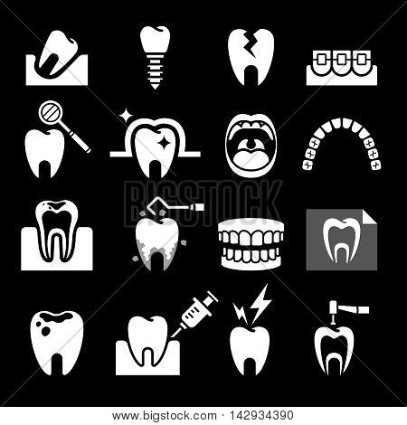 Dental tooth icons set on black ground. Vector illustration.
