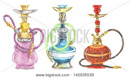 Watercolor hookah set. Eastern exotic smoking pipe with turkish ornament. Beautiful art for decoration.