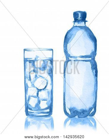 Watercolor water bottle and glass. Fresh healthy beverage. White background.