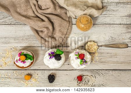 Beautiful Muffins With Berries On Wooden Background Nuts Honey