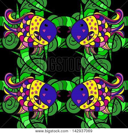 Seamless pattern with colorful fish on black background. Vector illustration.
