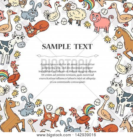 Cute decorative cover with hand drawn colored animals. Illustration on the theme of farm. Vector background for use in design