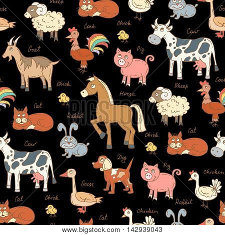 Vector seamless pattern with hand drawn colored animals on black color. Pattern on the theme of farm. Background for use in design packing web site fabric