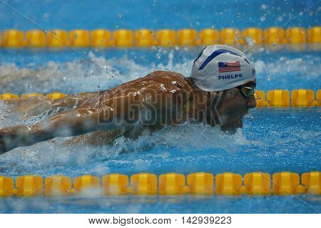 RIO DE JANEIRO, BRAZIL - AUGUST 8, 2016: Olympic champion Michael Phelps of United States swimming the Men's 200m butterfly at Rio 2016 Olympic Games
