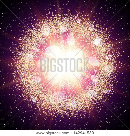 Abstract explosion with gold glittering elements. Burst of glowing star. Dust firework light effect with violet glow. Sparkles splash powder background. Vector illustration.