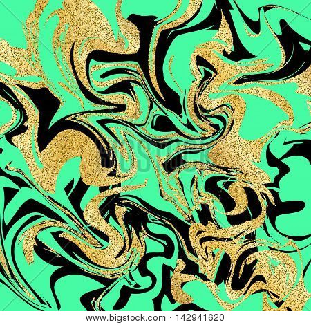 Marbling texture background. Abstract marble luxury design with golden glitter elements on green background. Vector illustration.