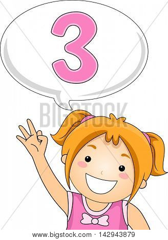 Illustration of a Little Girl Gesturing the Number 3