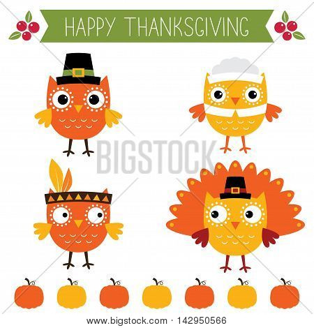 Thanksgiving isolated owls and pumpkin decoration set