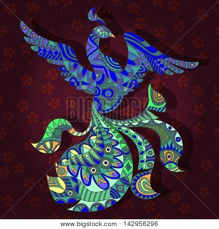 Abstract image of a peafowl on a dark floral background