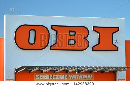 CIRCA AUGUST 2016 - GDANSK: sign of OBI against blue sky. OBI is the largest do it yourself retailer in Europe. It was founded in 1970 in Hamburg, Germany.