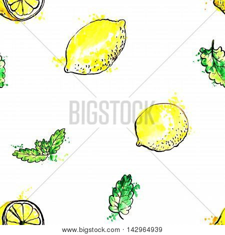 seamess pattern with hand drawn mint leaves and yellow lemons, background with ink and watercolor drawing aromatic green plants, fresh fruits and paint stains